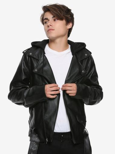 Black Faux Leather Motorcycle Hooded Jacket | Hot Topic