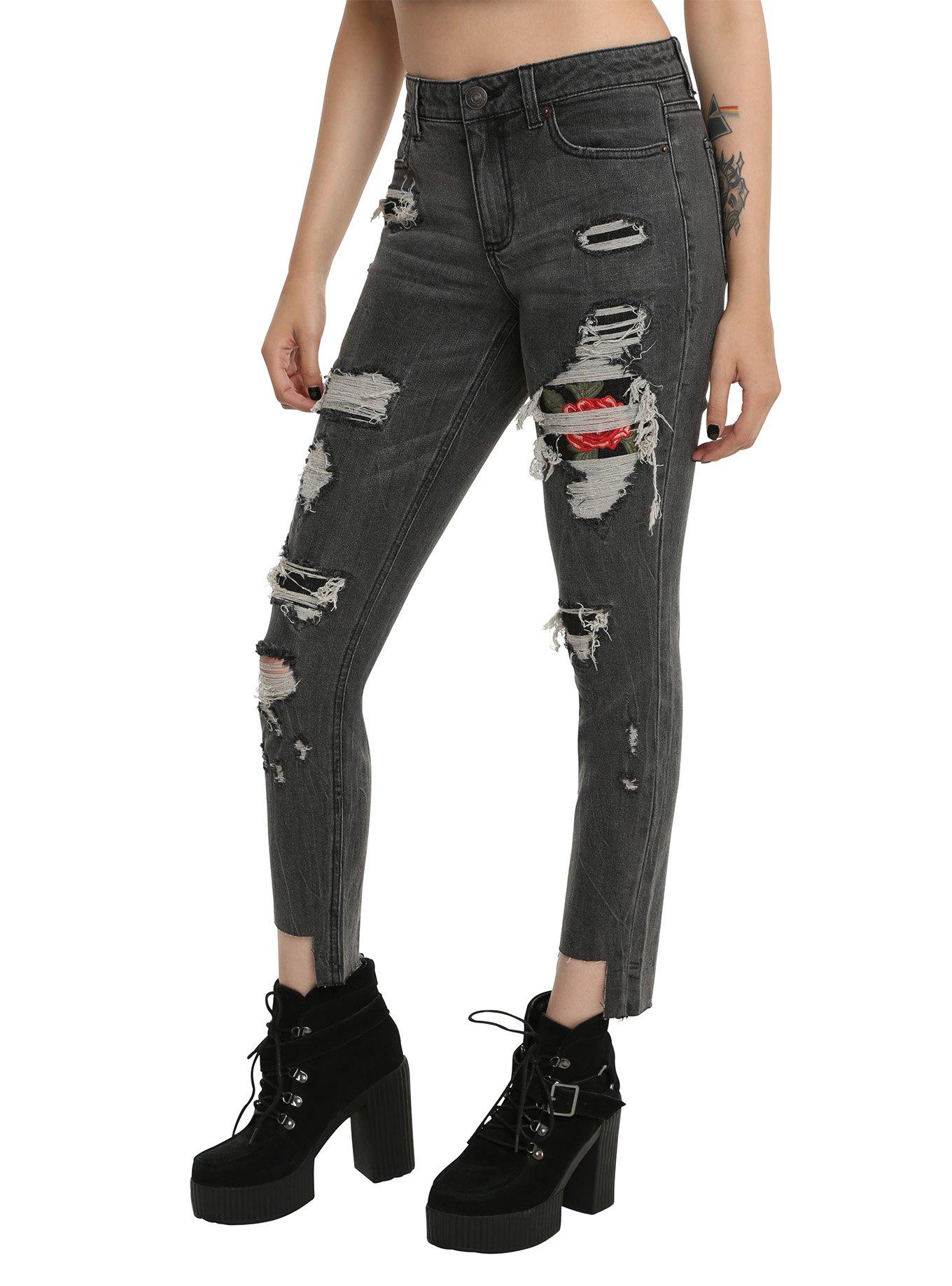 Black Destructed Rose Patch Skinny Jeans, BLACK, hi-res