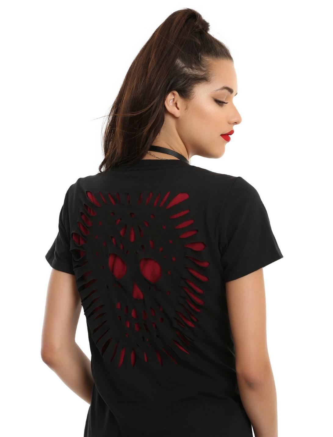 Black & Red Skull Cut-Out Back Girls T-Shirt, BLACK, hi-res