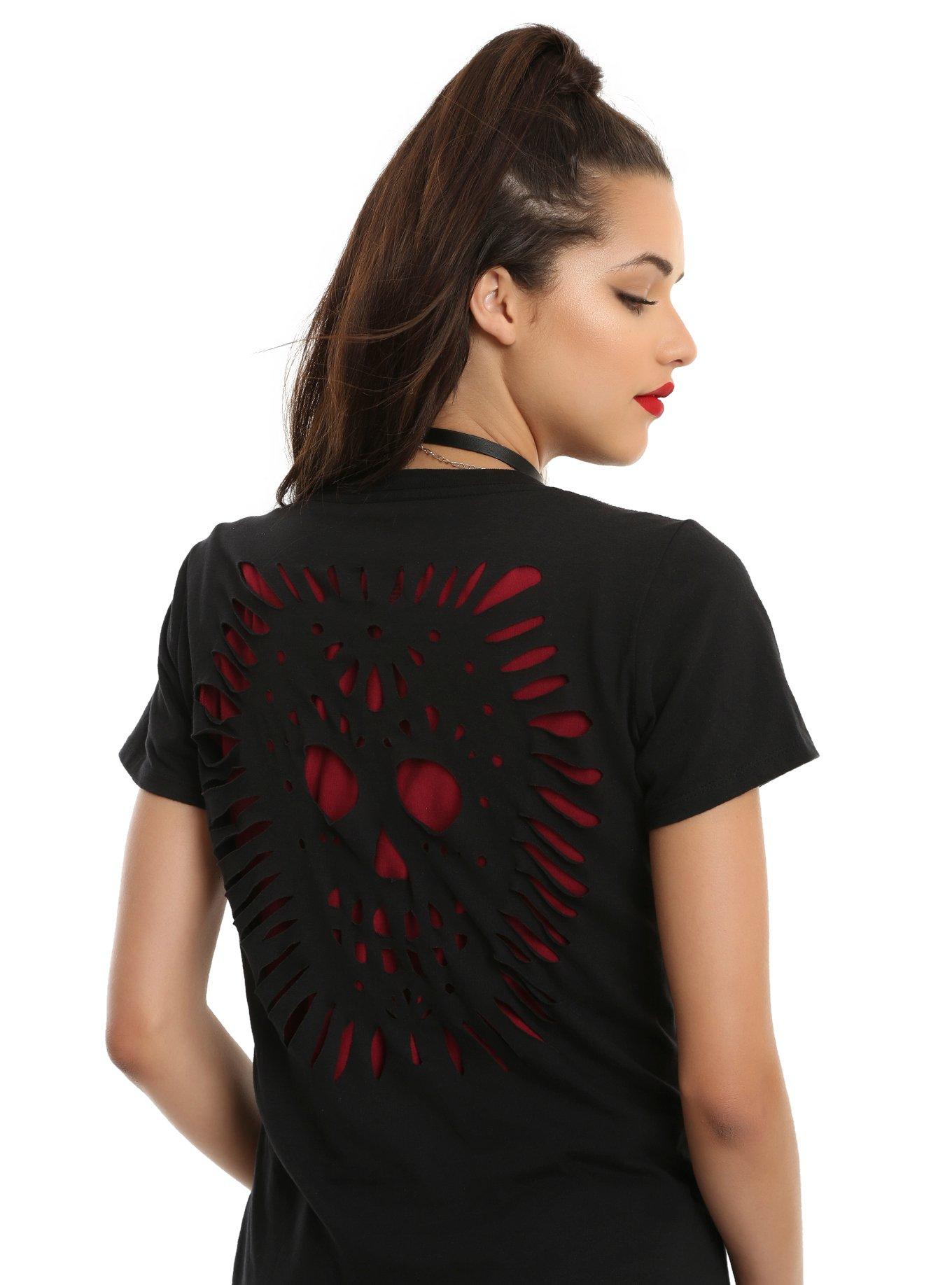 Black & Red Skull Cut-Out Back Girls T-Shirt, BLACK, hi-res