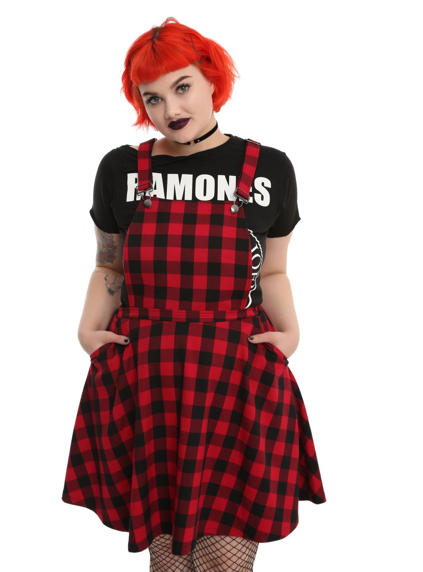 Plaid Overall Dress Plus Size, RED, hi-res