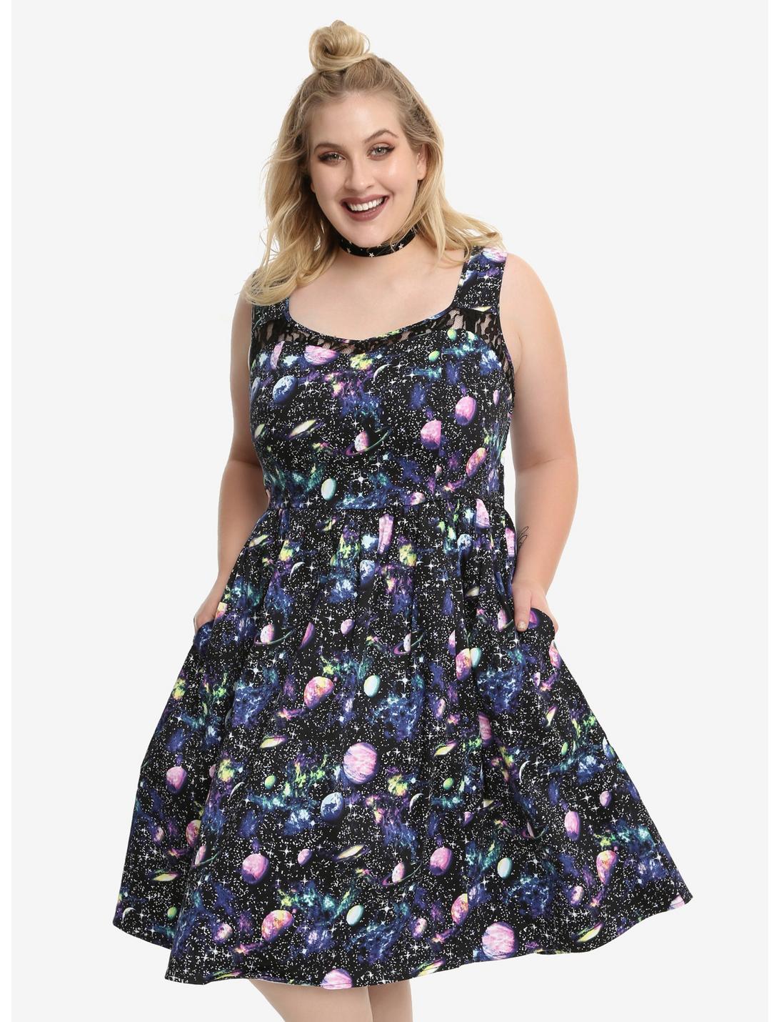 Planet Print Fit & Flare Dress Plus Size, BLACK, hi-res
