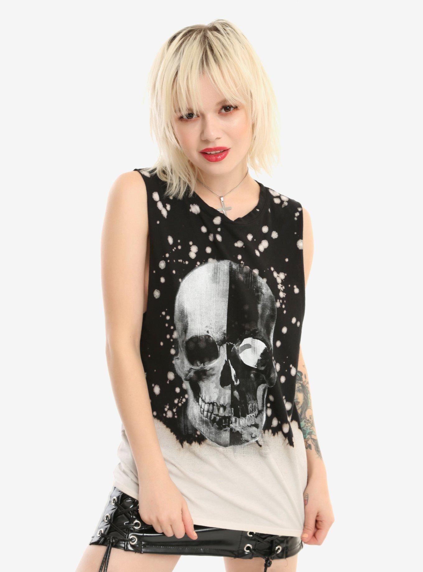 Black Bleach Splatter Skull Girls Tank Top, BLACK, hi-res