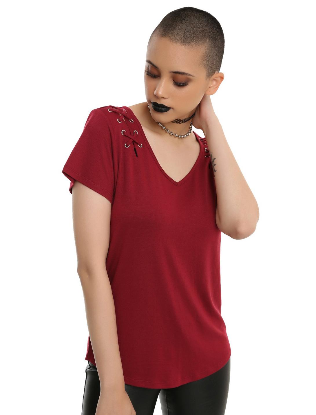 Burgundy Lace-Up Girls Top, RED, hi-res