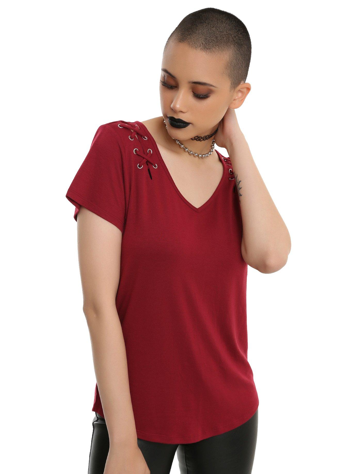 Burgundy Lace-Up Girls Top, RED, hi-res