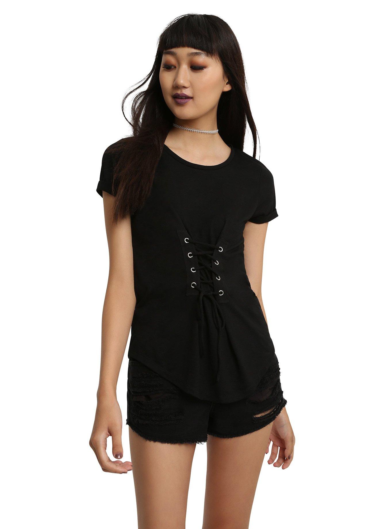 Black Corset Front Girls Top, BLACK, hi-res