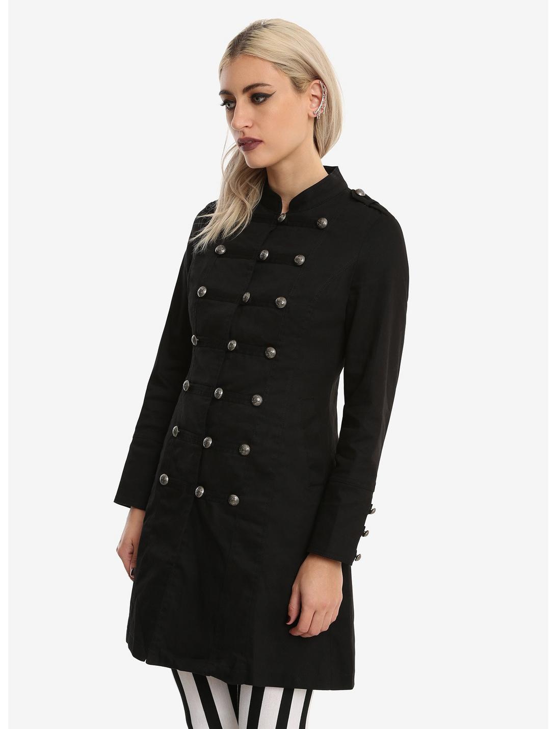 Black Button-Front Military Girls A-Line Jacket, BLACK, hi-res