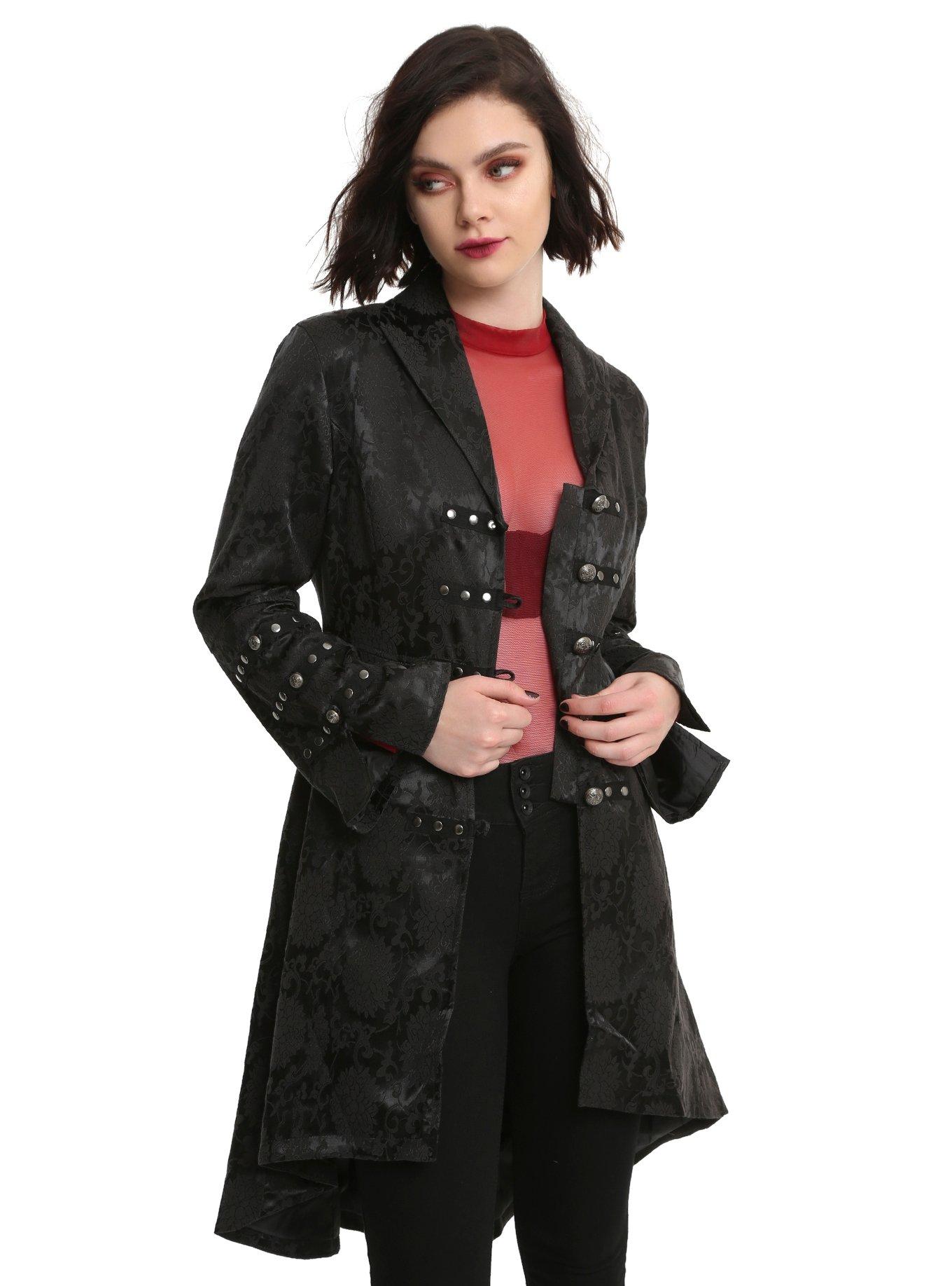 Black Brocade Strap Girls Jacket, BLACK, hi-res