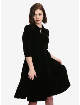 Black Half-Sleeve Fit & Flare Velvet Dress, , hi-res