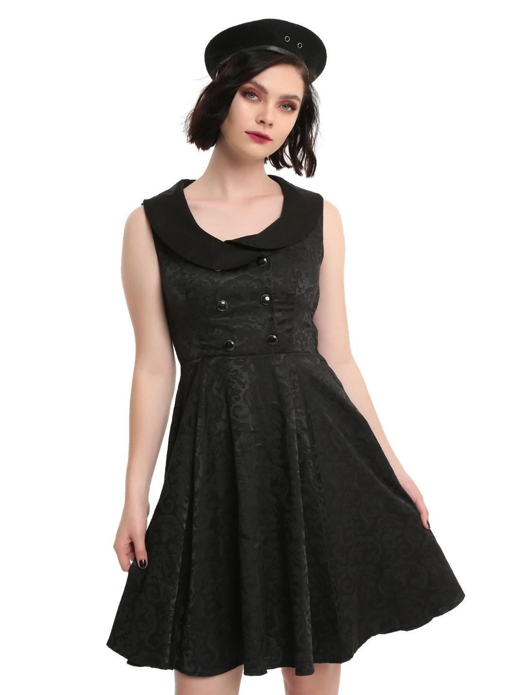 Black Brocade Lace-Up Back Fit & Flare Dress, BLACK, hi-res