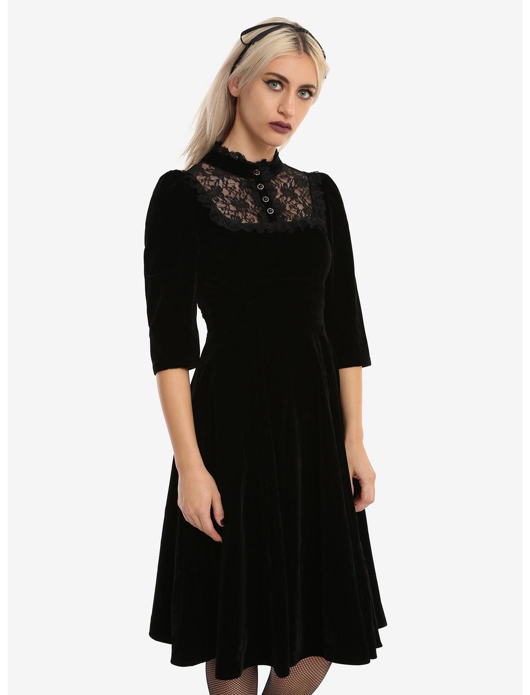 Black Velvet Lace Yoke Fit & Flare Dress, BLACK, hi-res