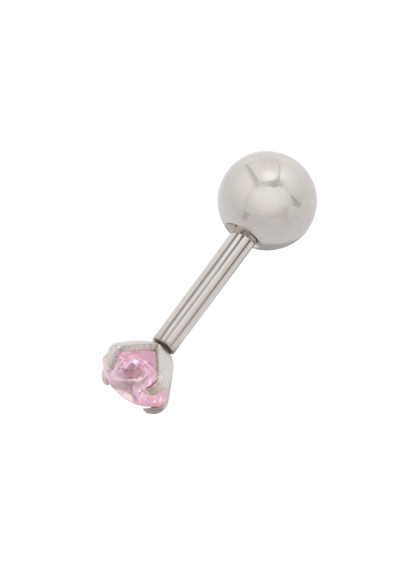 18G 1/4 Steel Light Pink Round CZ Gem Cartilage Stud, SILVER, hi-res