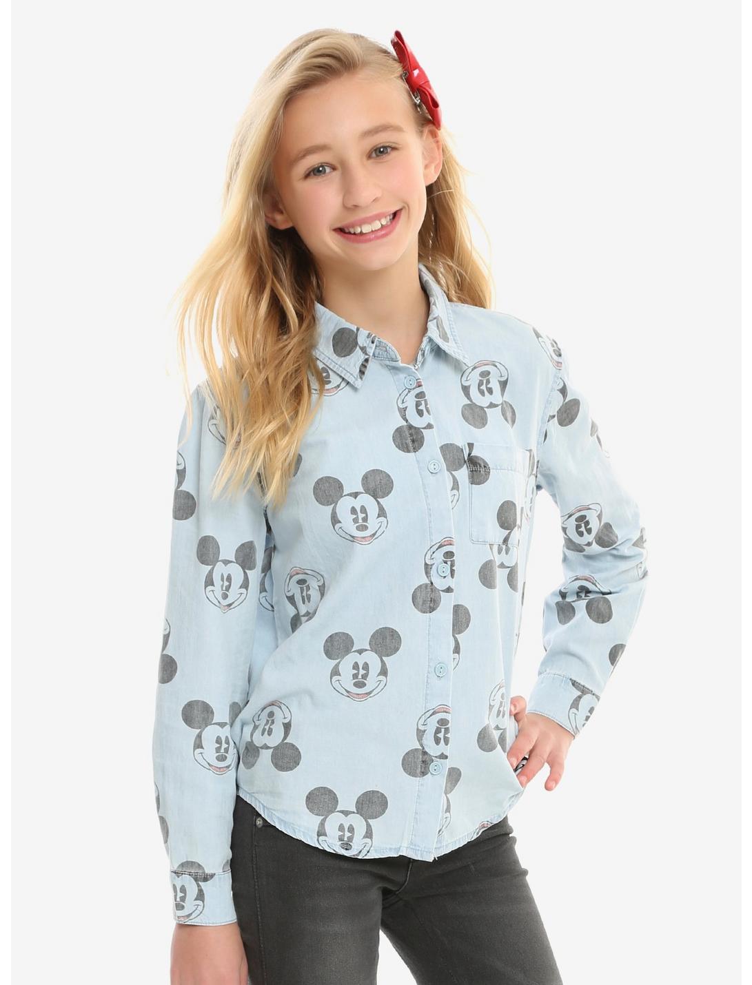 Disney Mickey Mouse Allover Print Youth Woven Button-Up, BLUE, hi-res