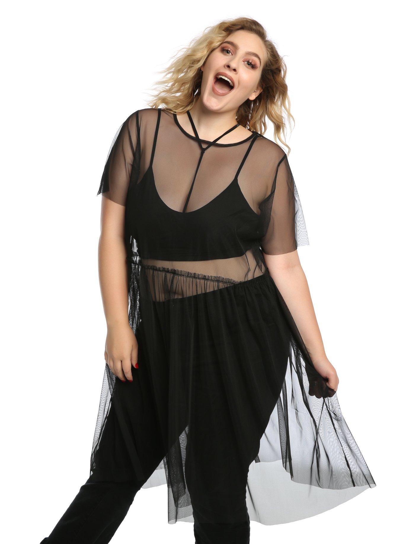 Black Long Mesh Dress Plus Size, BLACK, hi-res