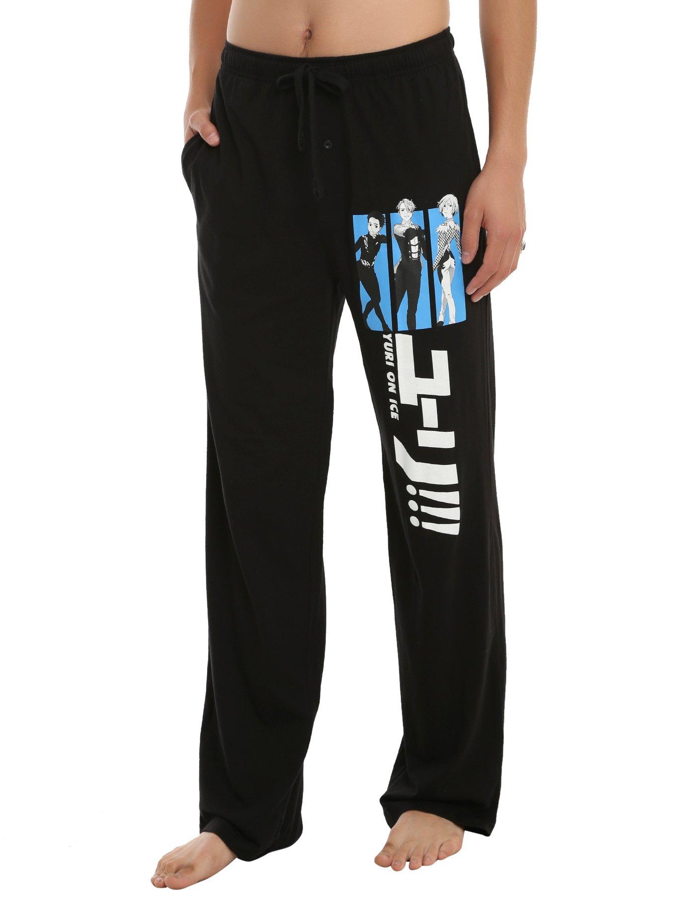 Yuri!!! On Ice Skater Trio Blue Panel Guys Pajama Pants, BLACK, hi-res