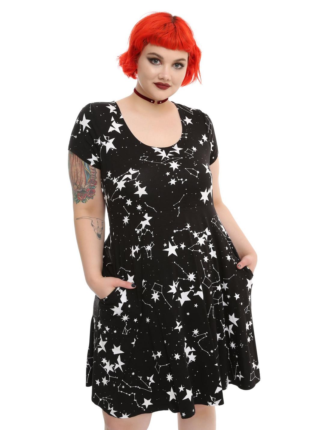 Black & White Starry Fit & Flare Dress Plus Size, BLACK, hi-res