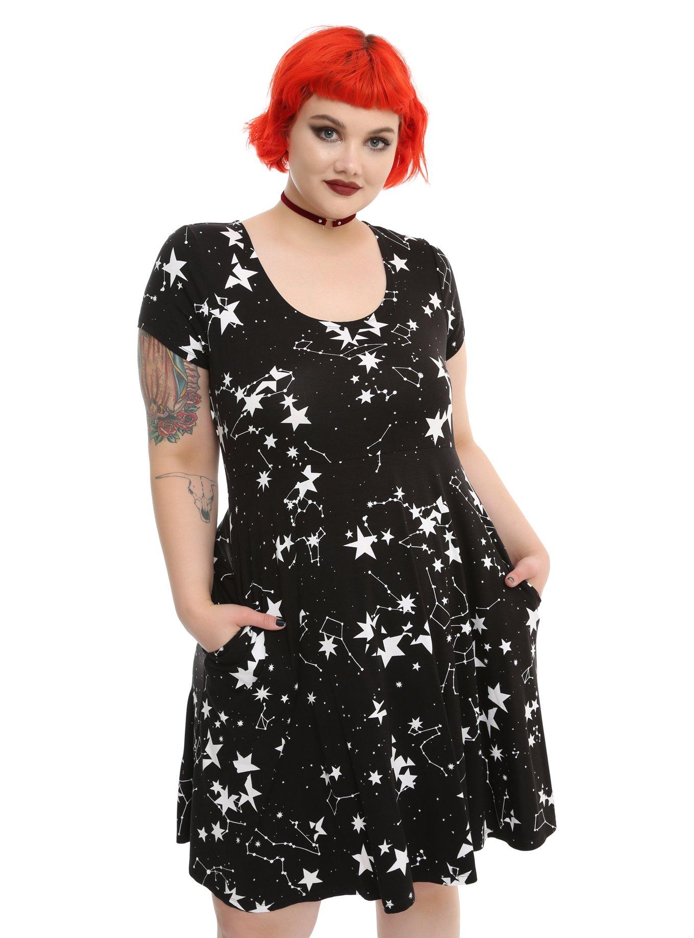Black & White Starry Fit & Flare Dress Plus Size, BLACK, hi-res