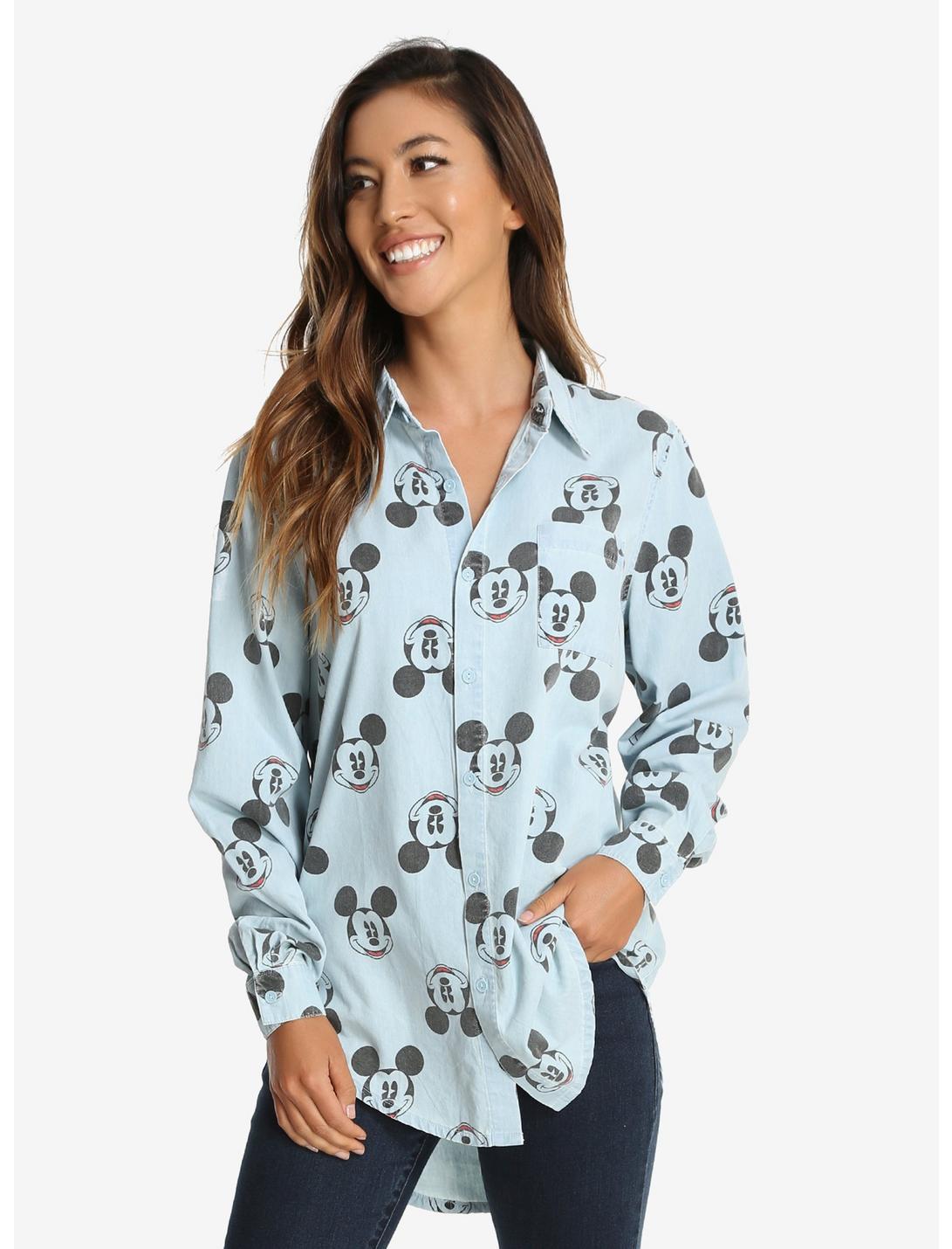 Disney Mickey Mouse Allover Print Womens Woven Button-Up - BoxLunch Exclusive, BLUE, hi-res
