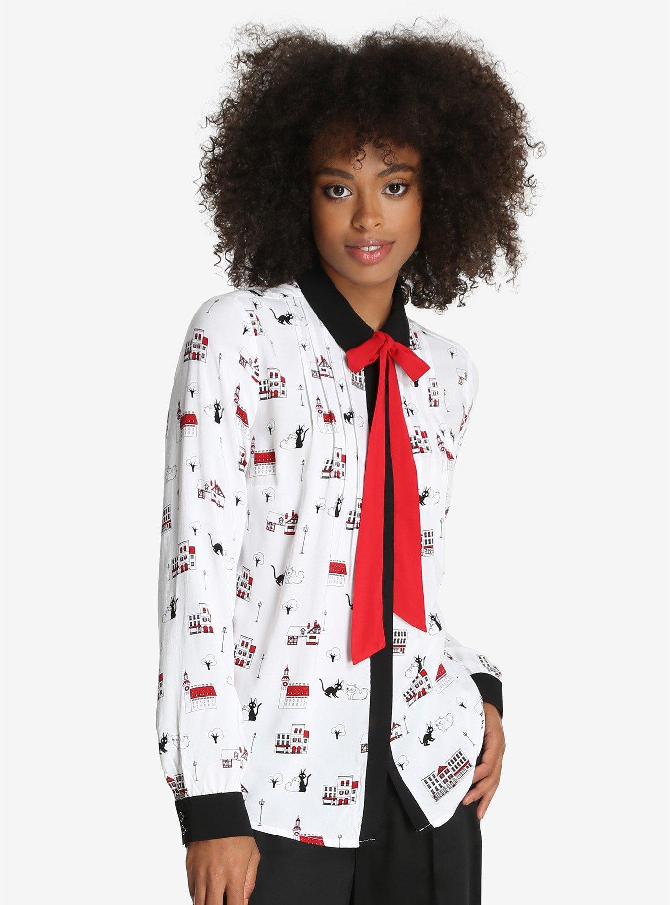 Her Universe Studio Ghibli Kiki's Delivery Service Jiji & Lily Town Pattern Blouse - BoxLunch Exclusive, WHITE, hi-res