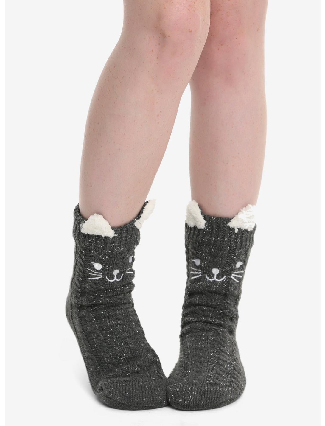 Grey Knit Kitty Crew Cozy Slippers, , hi-res