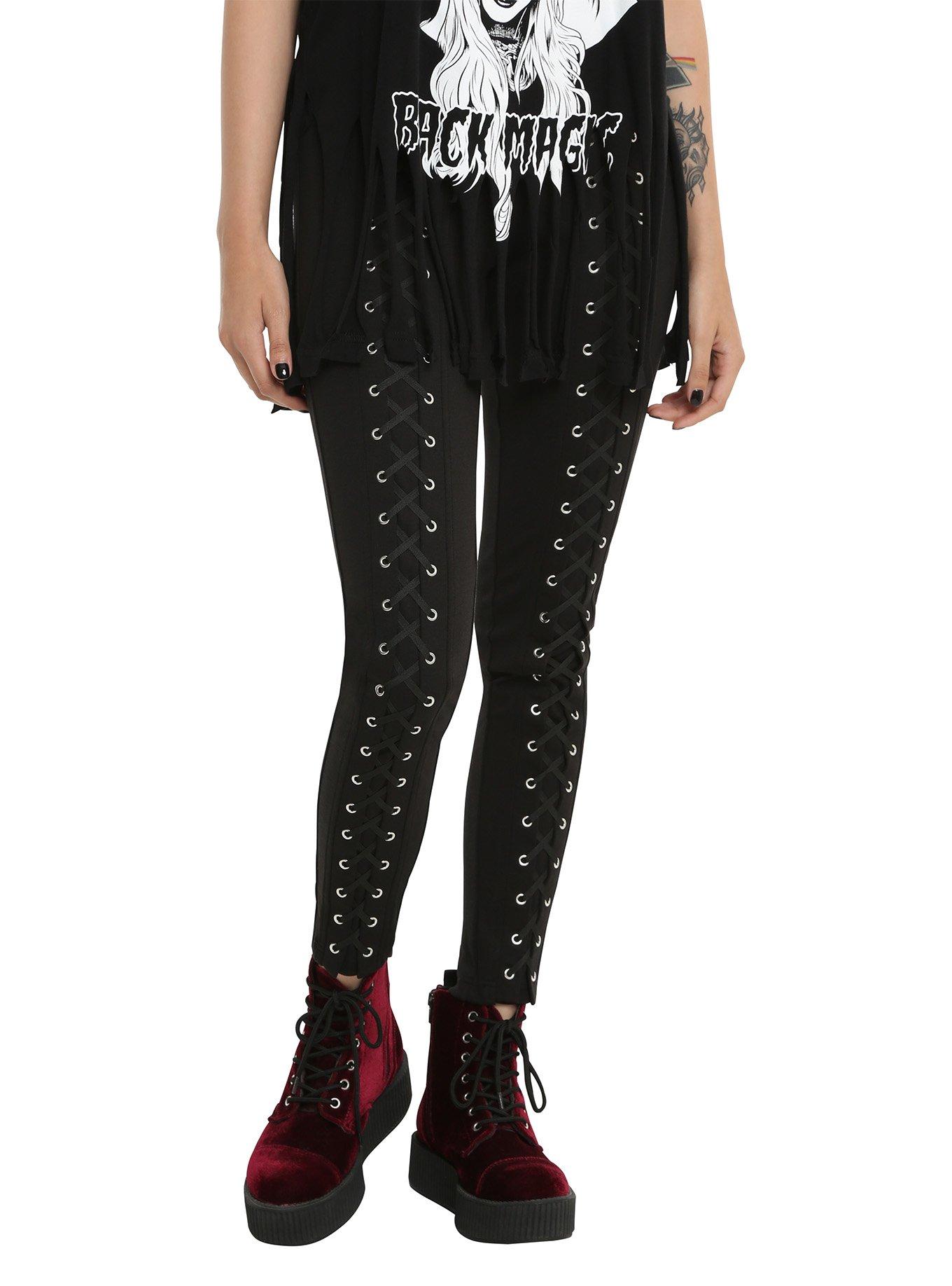 Black Lace-Up Ponte Leggings, BLACK, hi-res