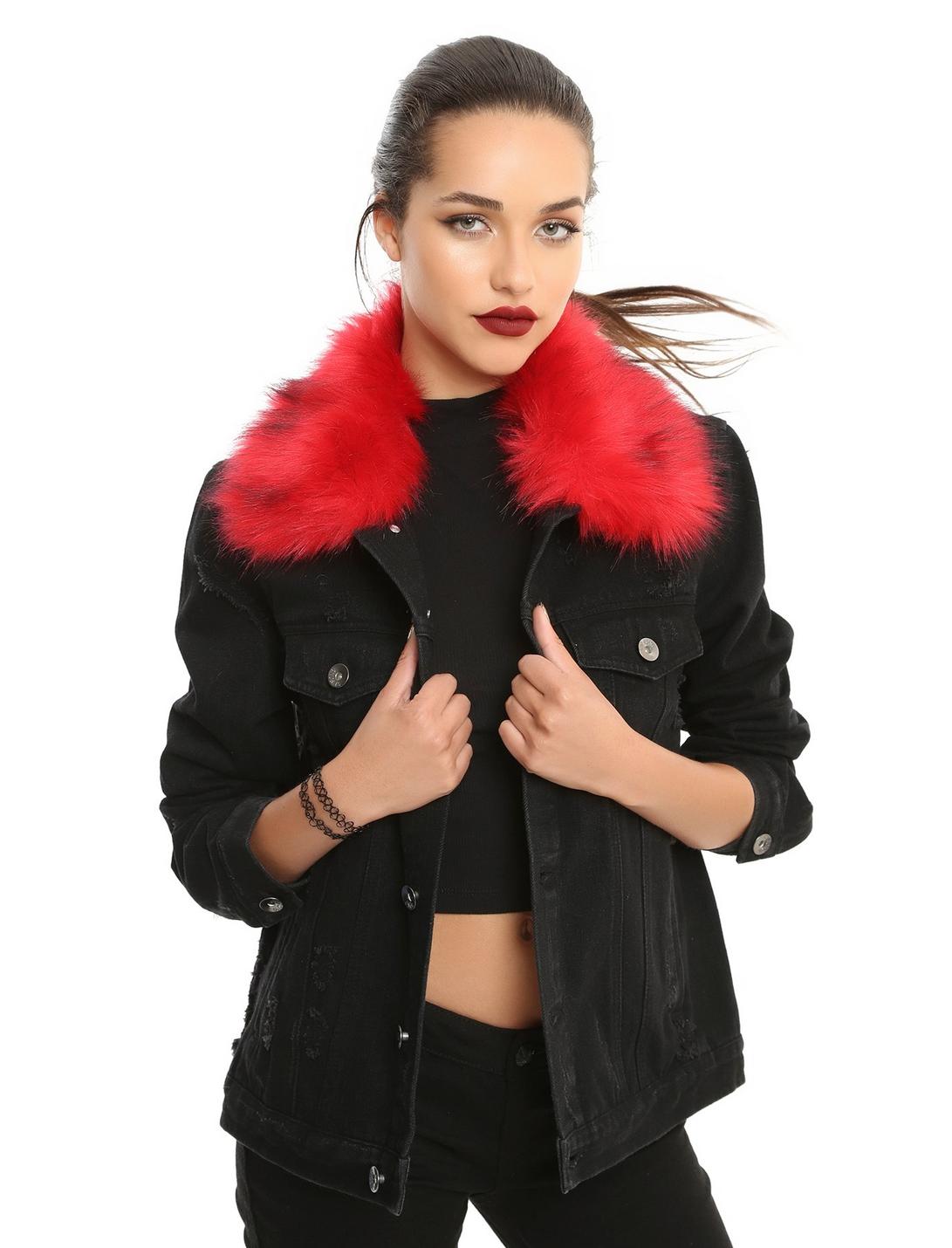 Red Removable Faux Fur Black Denim Girls Jacket, BLACK, hi-res