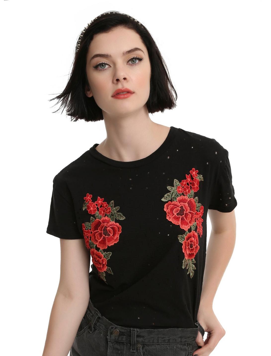 Black Embroidered Rose Girls Top, BLACK, hi-res