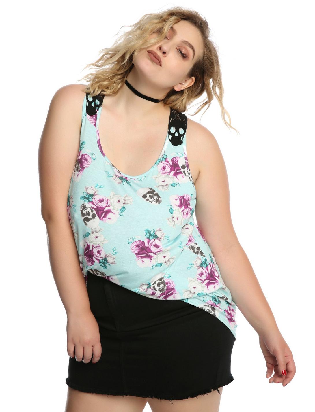Mint Floral Skull Crochet Back Girls Tank Top Plus Size, MINT, hi-res
