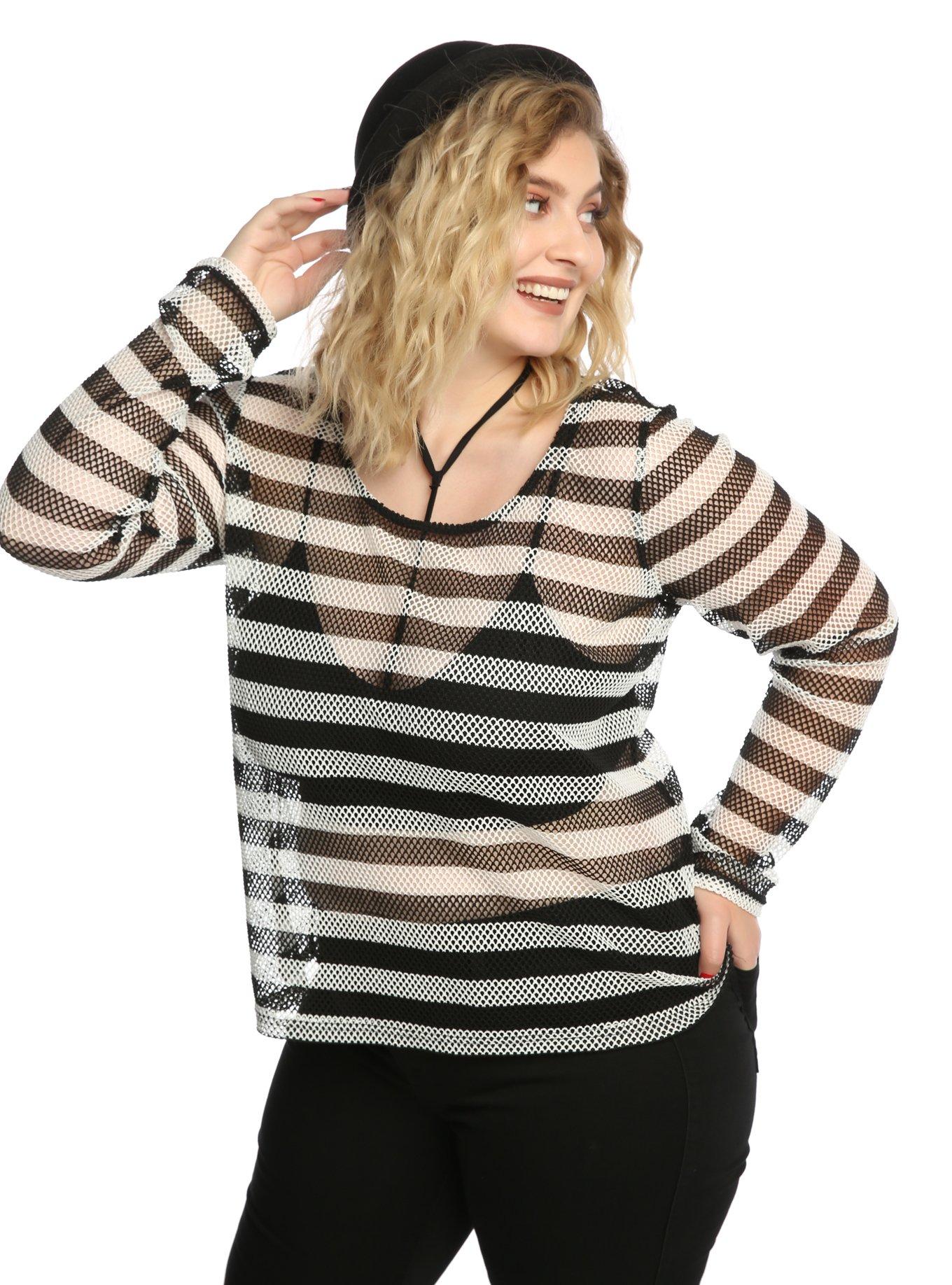 Tripp Black & White Stripe Fishnet Girls Top Plus Size, BLACK, hi-res