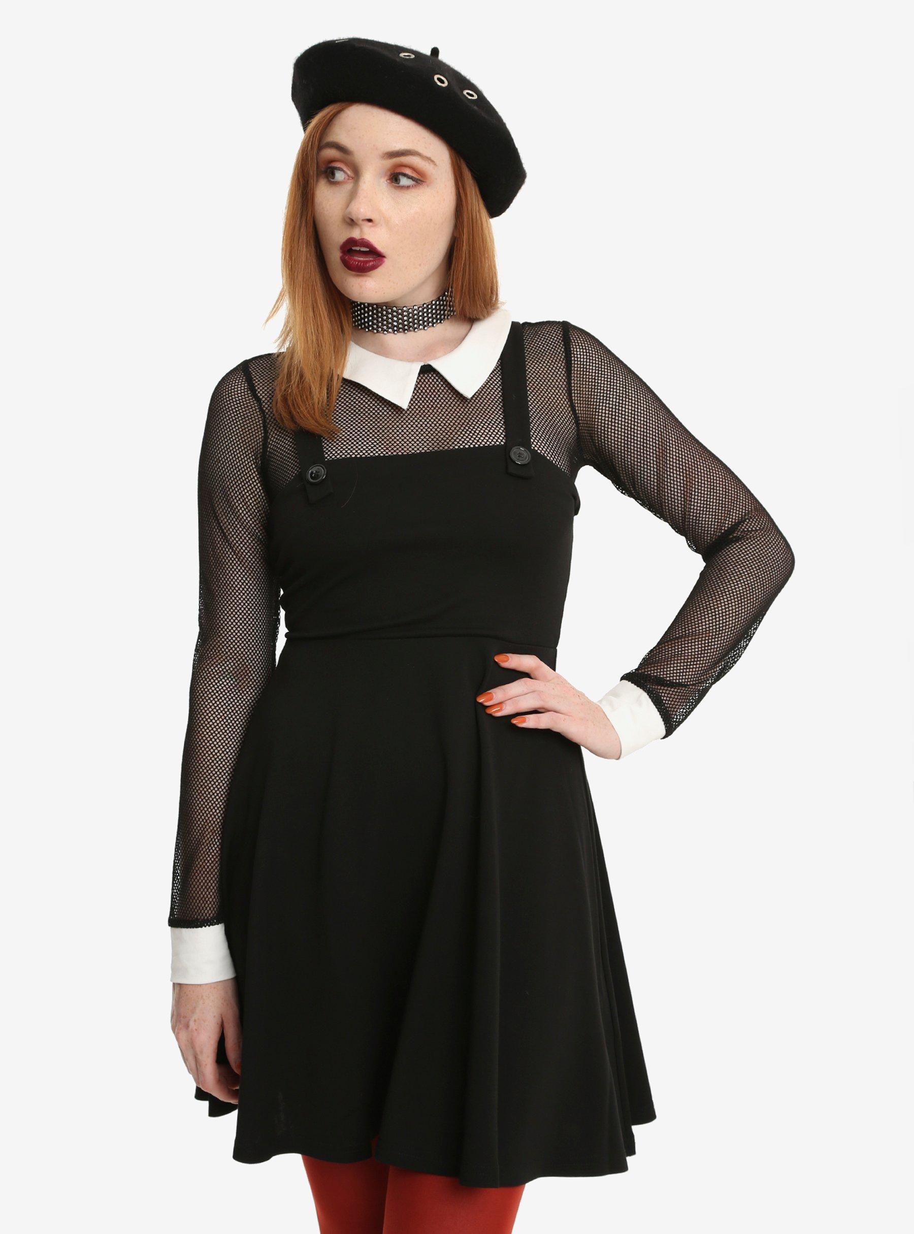 Black Fishnet Long-Sleeved Collared Jumper Dress, BLACK, hi-res