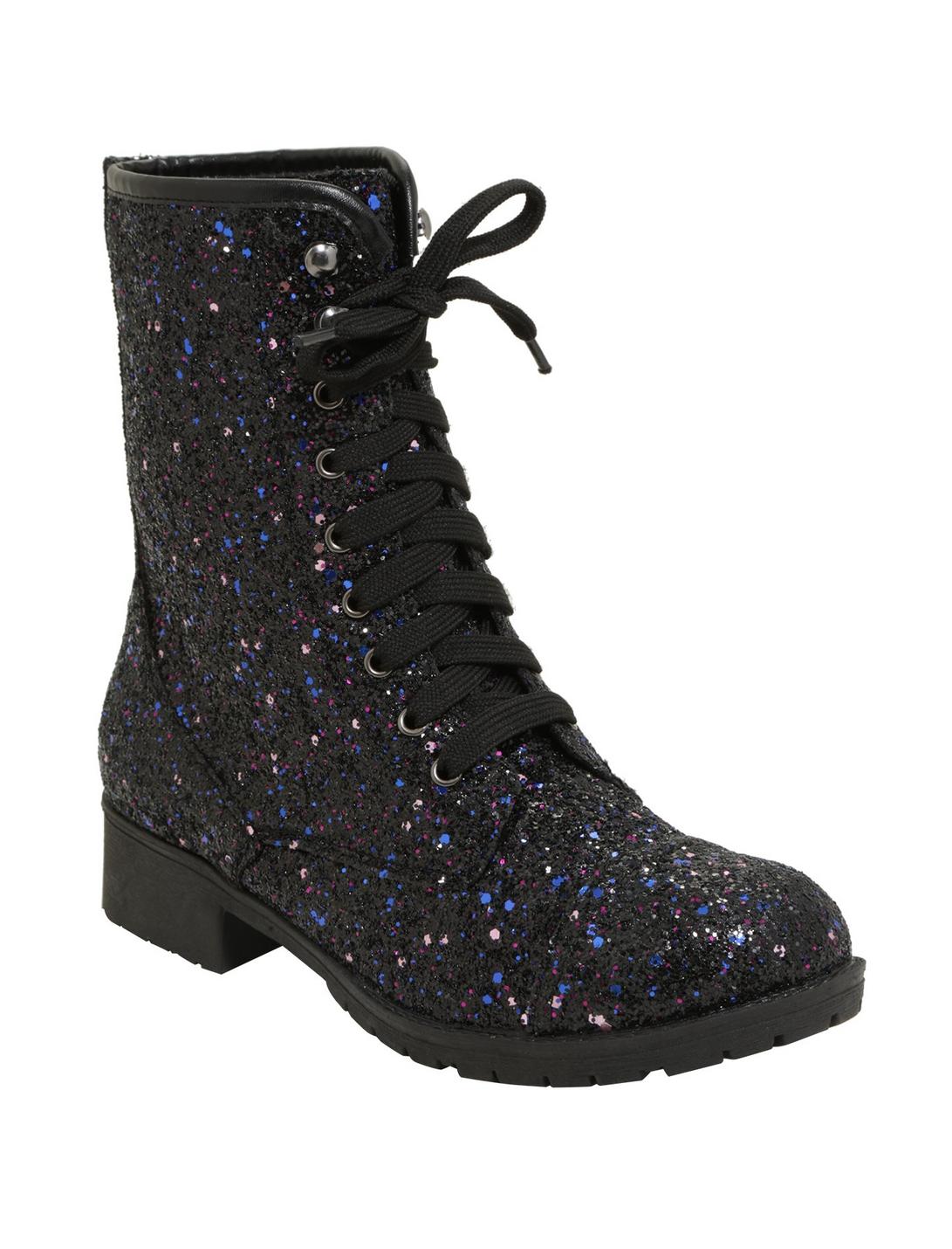 Black & Purple Glitter Combat Boots, MULTI, hi-res