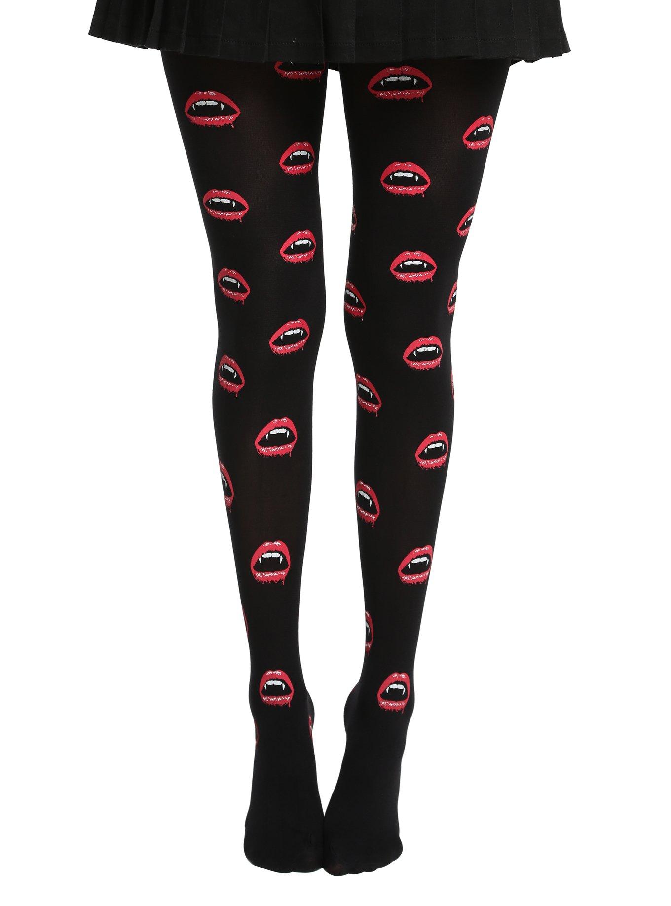 Blackheart Vampire Lips Print Tights, BLACK, hi-res