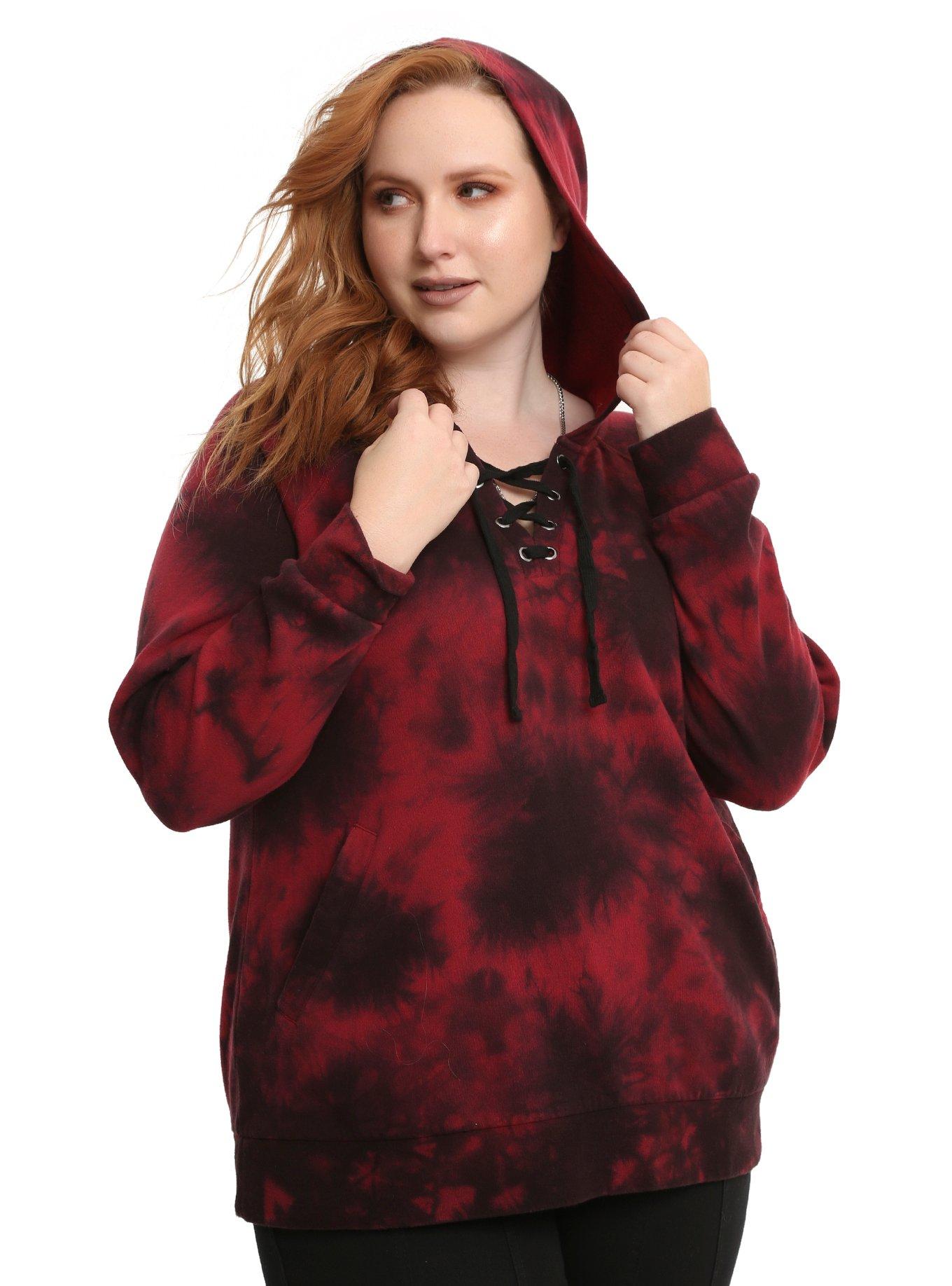 Red & Black Tie-Dye Lace-Up Girls Hoodie Plus Size, RED, hi-res