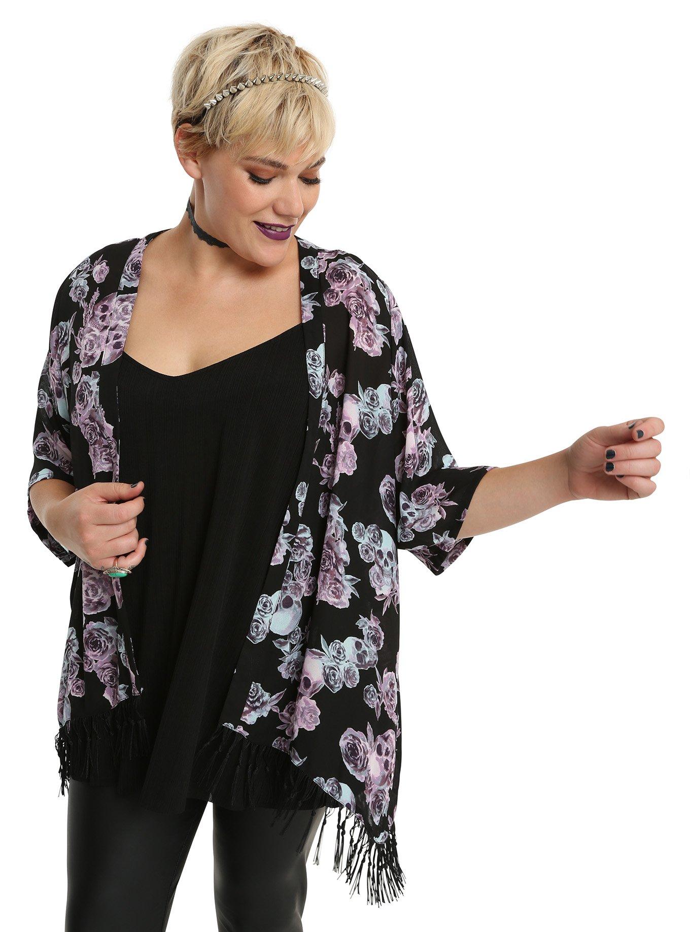 Skull & Roses Kimono Plus Size, BLACK, hi-res