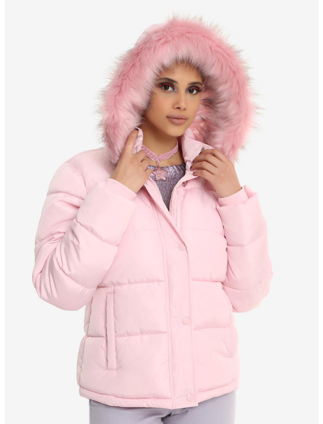 Pink Faux Fur Hood Puffy Girls Jacket, PINK, hi-res