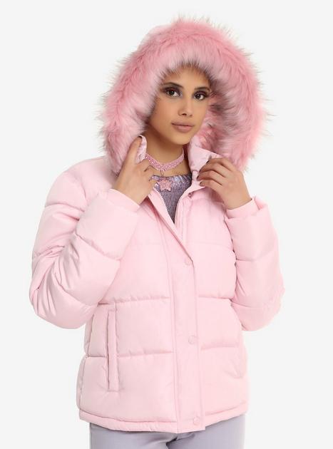 Pink Faux Fur Hood Puffy Girls Jacket | Hot Topic