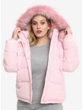 Pink Faux Fur Hood Puffy Girls Jacket Plus Size, PINK, hi-res
