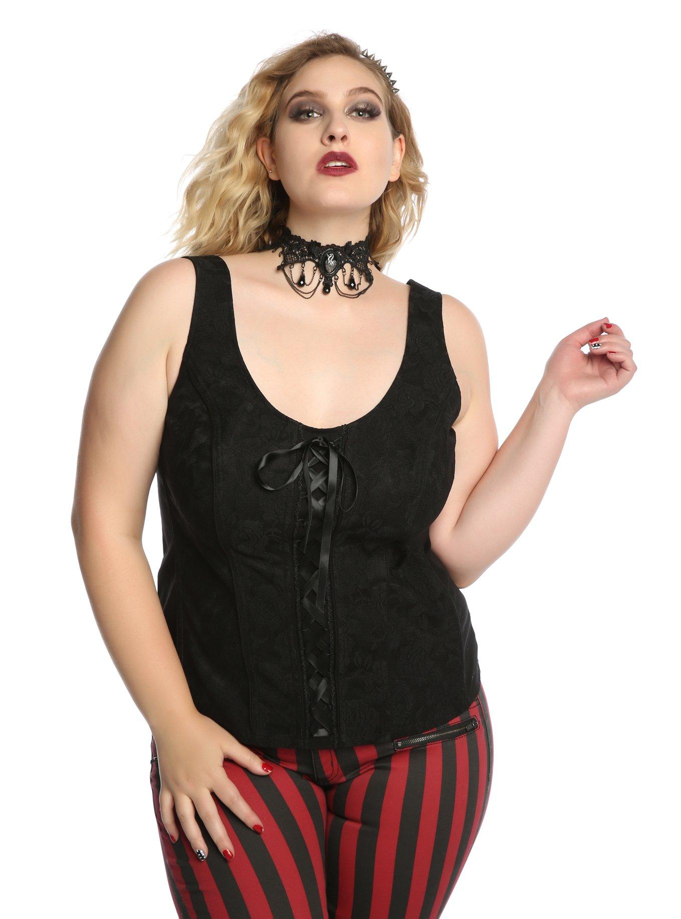 Tripp Black Lace-Up Corset Plus Size, BLACK, hi-res