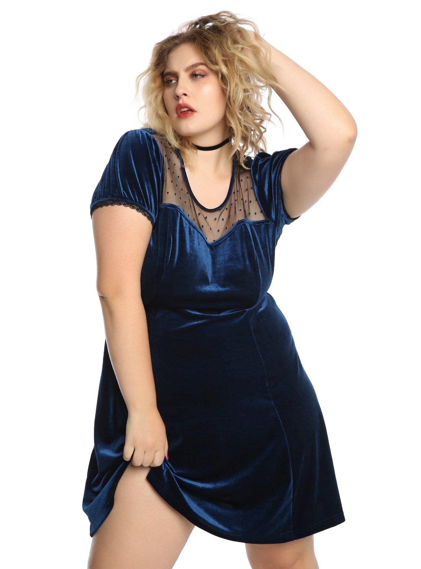 Blue Velvet Swiss Dot Yoke Dress Plus Size, BLUE, hi-res