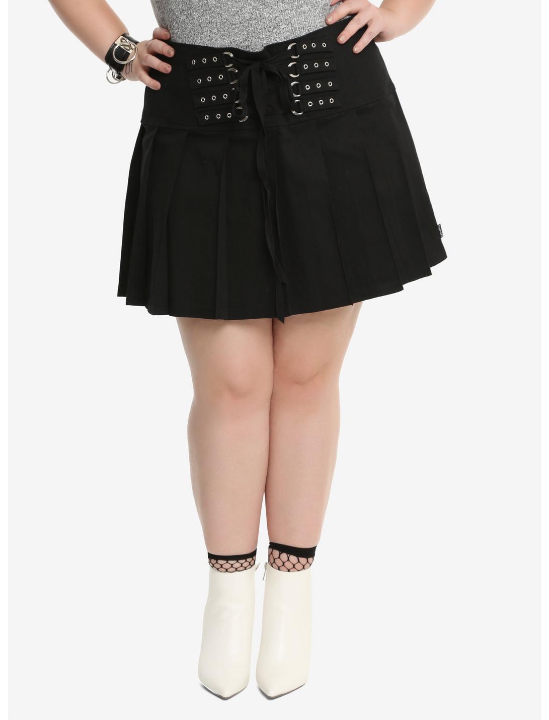 Royal Bones By Tripp Black Lace-Up Pleated Skirt Plus Size, BLACK, hi-res