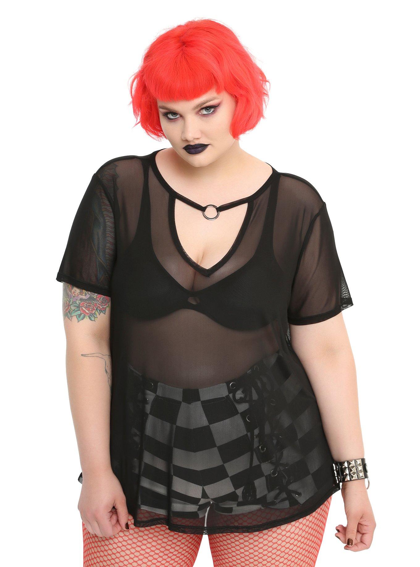 Black Mesh Choker Girls Top Plus Size, BLACK, hi-res