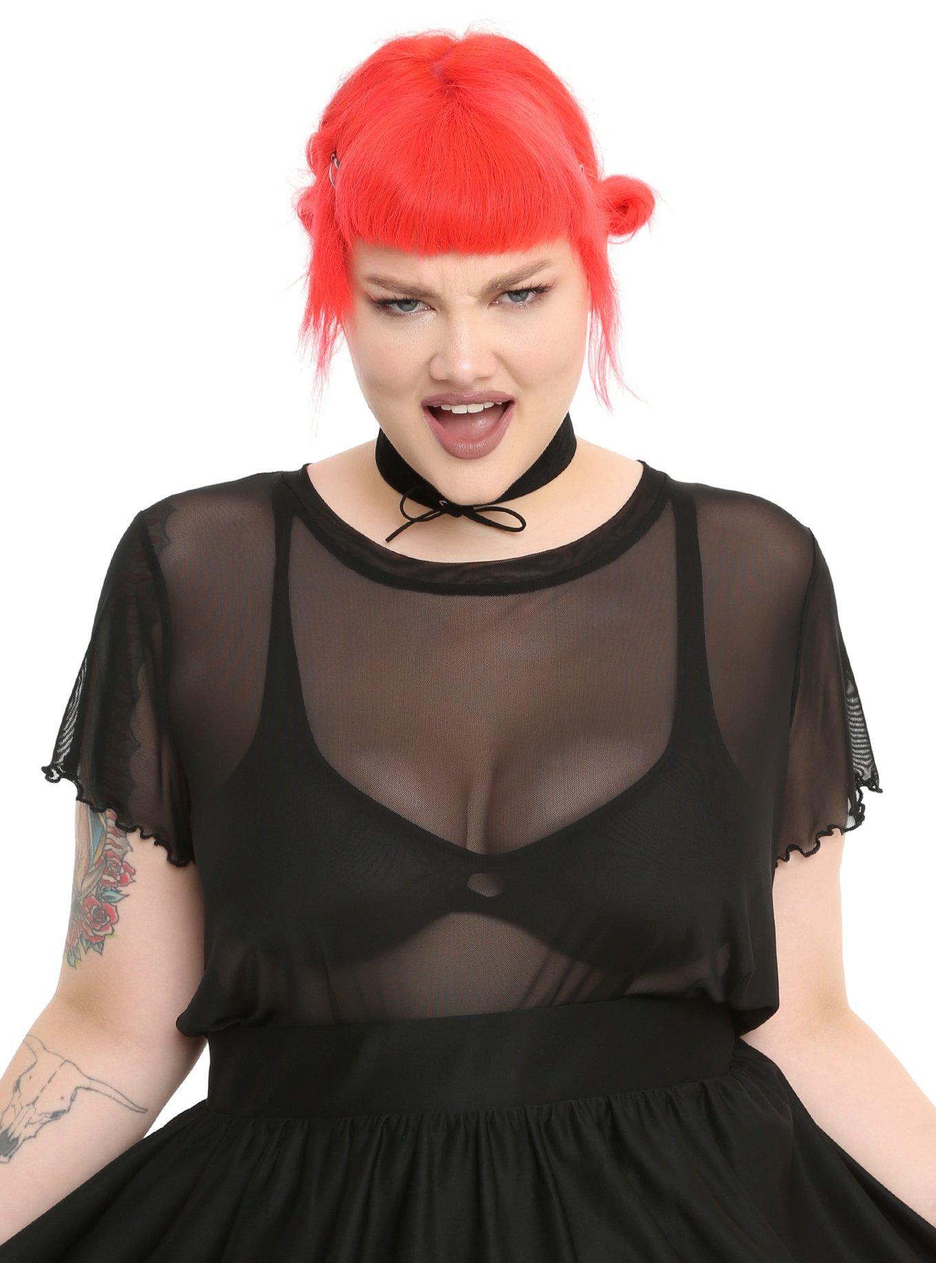 Black Mesh Girls Top Plus Size, BLACK, hi-res