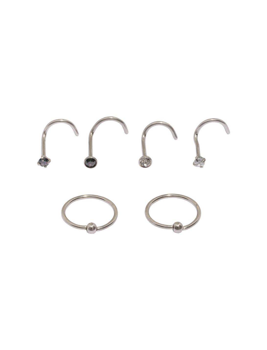 Steel Clear CZ Nose Screw And Hoop 6 Pack, SILVER, hi-res