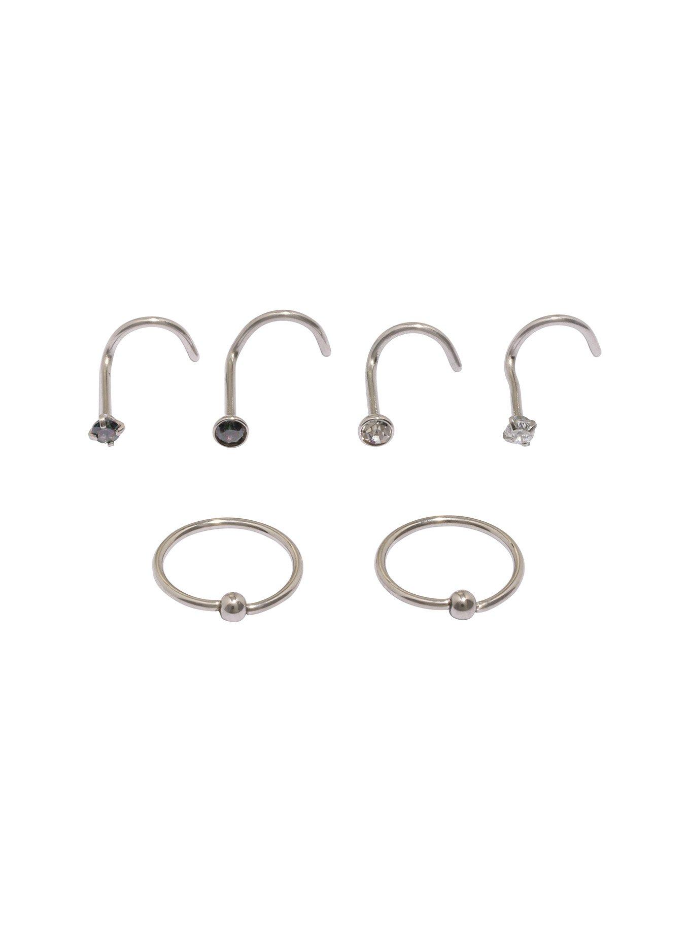 Steel Clear CZ Nose Screw And Hoop 6 Pack, SILVER, hi-res