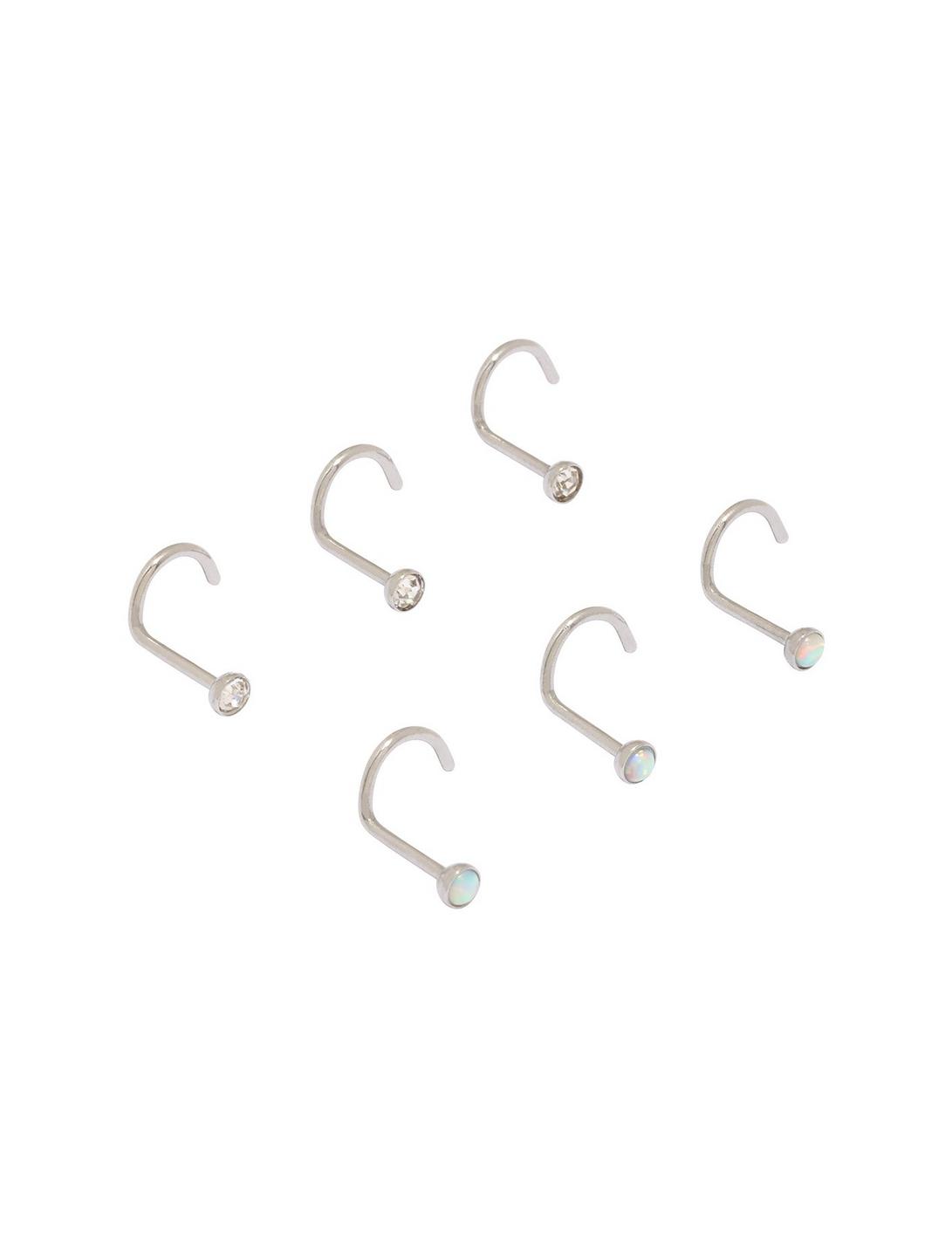 Steel Multi-Color Opal And Clear CZ Nose Screw 6 Pack, SILVER, hi-res