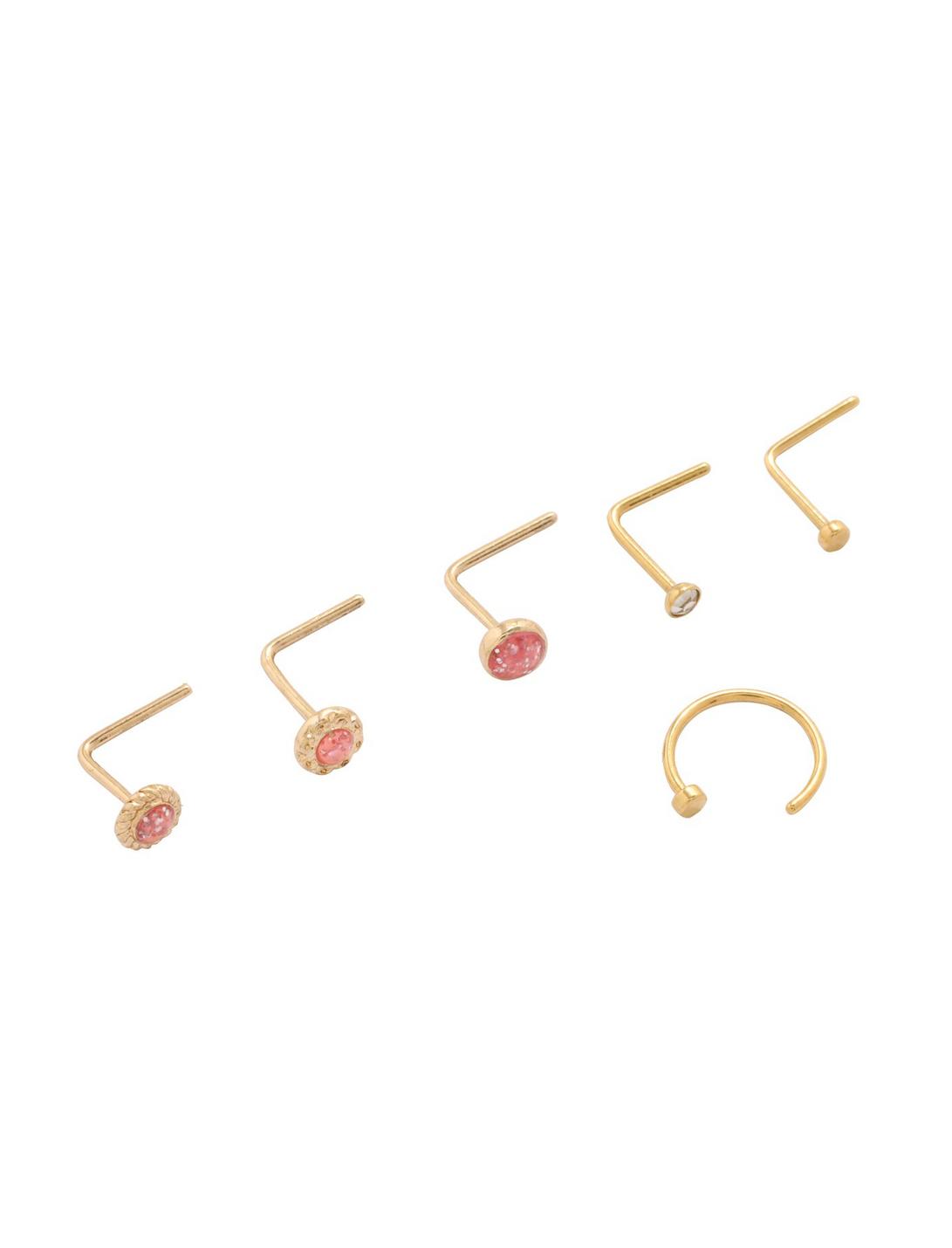 Steel Gold & Pink Gem Nose Stud & Hoop 6 Pack, MULTI, hi-res