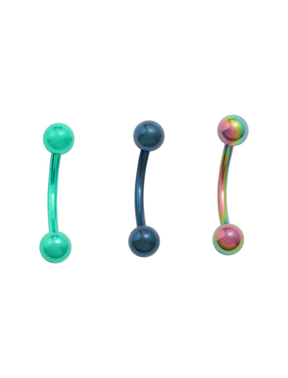 Steel Blue Teal And Iridescent Rainbow Eyebrow Barbell 3 Pack, MULTI, hi-res