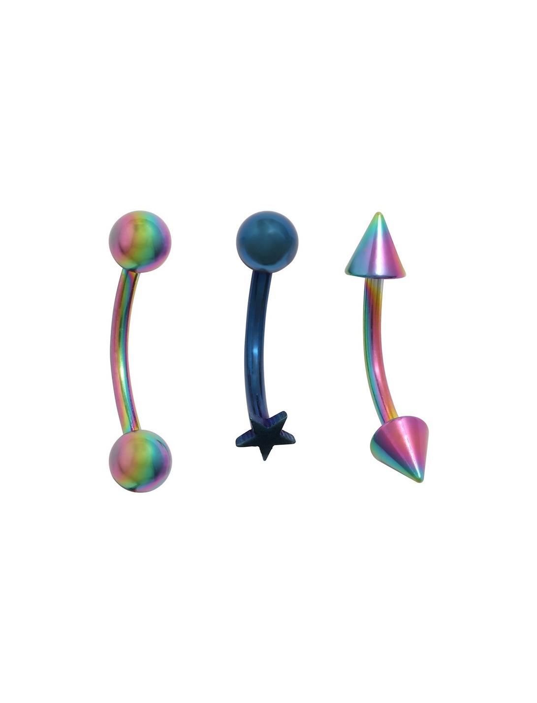 Steel Rainbow Iridescent Star & Spike Eyebrow Barbell 3 Pack, MULTI, hi-res