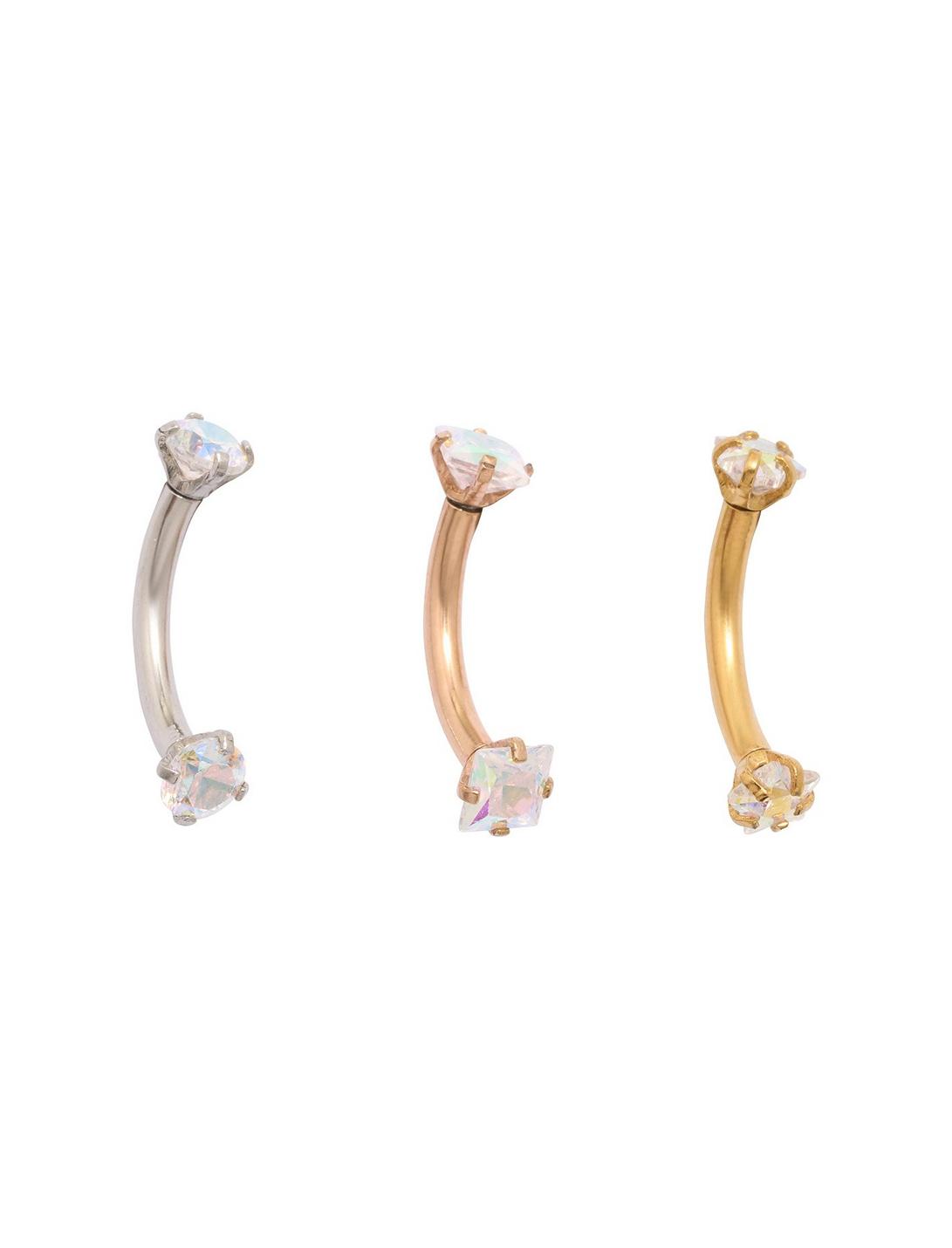 Steel Gold Rose Gold Prong Clear CZ Eyebrow Barbell 3 Pack, MULTI, hi-res