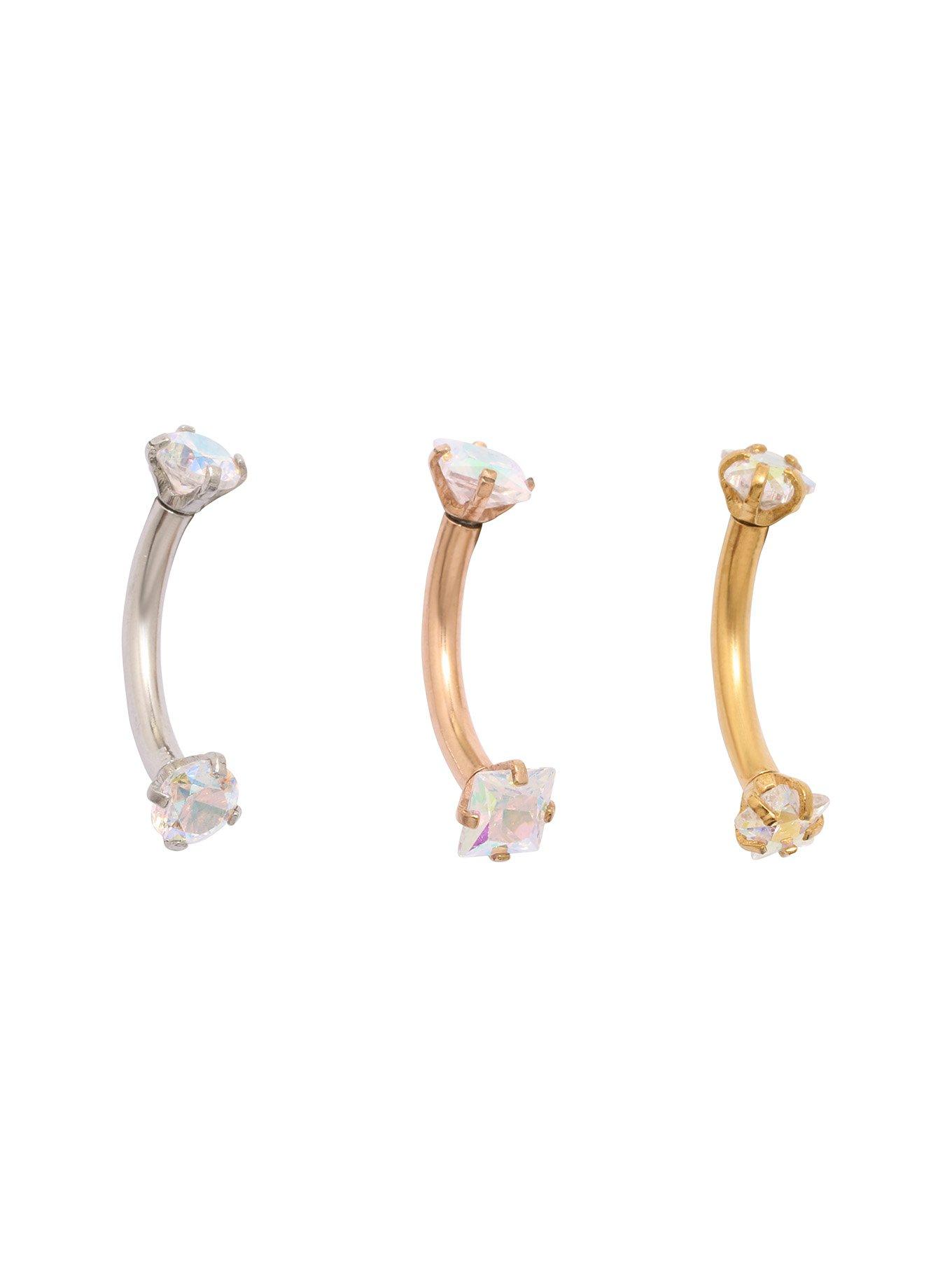 Steel Gold Rose Gold Prong Clear CZ Eyebrow Barbell 3 Pack, MULTI, hi-res